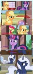 absurd_res accessory apple_bloom_(mlp) applejack_(mlp) bangs black_border border bow_ribbon building clothing cowboy_hat cutie_mark dialogue ears_up earth_pony eavesdropping equid equine estories eyebrows female feral folded_wings friendship_is_magic glowing glowing_horn glowing_orb group hair_accessory hair_bow hair_ribbon hasbro hat headgear headwear hi_res holly_(estories) hooves horn horse inside mammal my_little_pony mythological_creature mythological_equine mythology orb outside plant pony ponyville raised_eyebrow raised_hoof ribbons sarcasm sarcastic smile train_station tree twilight_sparkle_(mlp) winged_unicorn wings