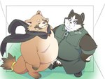 2024 4:3 anthro belly big_belly canid canine canis clothed clothing domestic_dog duo hi_res inunoshippo kemono male mammal one_eye_closed overweight overweight_male popori raccoon_dog scarf simple_background tanuki tera_online wink