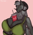 4_arms 4_breasts anthro beverage big_breasts black_horn bra breasts clothing coca-cola container cup curled_horn digital_drawing_(artwork) digital_media_(artwork) dracofox drinking_straw female fierce-adopts fur green_bra green_clothing green_underwear grey_body grey_fur grey_hair hair half-length_portrait horn inner_ear_fluff looking_at_viewer multi_arm multi_breast multi_limb object_between_breasts pink_background portrait prick_ears shaded sharp_teeth simple_background smile snout soda_cup soft_shading solo teeth tuft underwear yellow_eyes