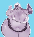 2018 5_fingers absurd_res anthro belly big_belly big_breasts bikini bikini_pull biped blue_background bottle bottomwear breasts clothed clothed_anthro clothed_female clothing clothing_pull container digital_drawing_(artwork) digital_media_(artwork) drunk eyebrow_through_hair eyebrows eyelashes eyelashes_through_hair female female_anthro fingers freckled_breasts freckled_face freckles freckles_on_shoulders front_view fur gelatingent greyscale hair hi_res holding_bottle holding_container holding_object huge_breasts lagomorph leporid looking_at_viewer mammal monochrome navel nipples obese obese_anthro obese_female one_eye_closed open_mouth open_smile overweight overweight_anthro overweight_female partially_colored portrait rabbit rabbit_ears raised_finger raised_pinky simple_background skimpy smile solo standing substance_intoxication swimwear swimwear_pull thick_thighs three-quarter_portrait topwear translucent translucent_bikini translucent_clothing translucent_hair translucent_swimwear translucent_topwear two-piece_swimsuit wide_hips wink