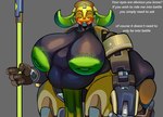 absurd_res areola belly big_belly big_breasts blizzard_entertainment breasts deep_navel english_text female green_areola green_nipples hi_res huge_breasts isolatedartest machine melee_weapon multicolored_body navel nipples omnic orisa_(overwatch) overwatch overweight overweight_female overweight_taur polearm solo spear taur text tusks weapon