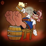 1:1 anthro barrel bear brown_body brown_fur clothing drinking drunk feet foot_fetish fur gloves handwear hi_res male mammal pirate_hat pirate_outfit razyfoxxo solo substance_intoxication toontown_corporate_clash toontown_online