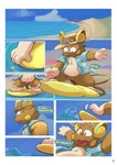 absurd_res alolan_form alolan_raichu beach clothed clothing comic comic_panel dialogue english_text falling floating generation_7_pokemon gralicbutter hat headgear headwear hi_res male nintendo pancake_(gralicbutter) pokemon pokemon_(species) regional_form_(pokemon) seaside sky surfing text