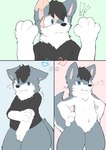 Rating: s
ID: 5636430
Date: 2025-06-11 22:15:32 -0400
Status: active
Score: 15
after_transformation anthro blue_eyes blush bottomless canid canine canis clothed clothing confident directional_arrow domestic_dog ear_growth embarrassed exclamation_point featureless_crotch fur fur_growth grey_body grey_fur growth hi_res human male mammal mid_transformation partially_clothed paws shaking shirt shy simple_background solo topwear transformation white_body white_fur yakinikuinu post #5636430