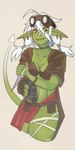 acora belly breasts choker cleavage clothed clothing eville fayshay female goblin green_body green_skin hair humanoid humanoid_pointy_ears jewelry long_hair medium_breasts necklace not_furry signature solo standing tail thick_thighs tuft white_hair yellow_sclera