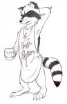 4_toes anthro armpit_hair barefoot beverage biped body_hair bottomless claws clothed clothing coffee coffee_mug container cup digital_drawing_(artwork) digital_media_(artwork) english_text eyes_closed feet fluffy fluffy_tail food guardians_of_the_galaxy hand_behind_head hi_res holding_container holding_cup holding_object male mammal marvel monochrome morning plantigrade procyonid raccoon raised_arm rocket_raccoon scratching shirt skunkjunkie solo standing tail tank_top text text_on_clothing text_on_shirt text_on_tank_top text_on_topwear toes topwear whiskers