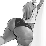 2024 alien anthro big_butt black_clothing black_underwear bottom_heavy butt butt_focus clothed clothing digital_drawing_(artwork) digital_media_(artwork) femboy hi_res huge_butt humanoid intersex_(lore) jay_(sqoon) monochrome panties portrait puwa reaching rear_view shaded shirt simple_background skimpy solo sqoon teapot_(body_type) thick_thighs three-quarter_portrait topwear underwear white_background white_clothing white_shirt white_topwear wide_hips