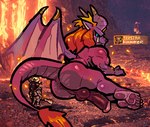 anthro anus balls big_butt big_penis butt capcom duo elder_dragon fangs genitals hair horn humanoid_genitalia humanoid_penis larger_anthro larger_male lava looking_back lying male male/male membrane_(anatomy) membranous_wings milkvislon monster_hunter on_side orange_hair penis scalie size_difference tail tail_tuft teeth teostra text tuft wings