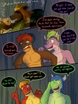 3:4 anthro bat canid canine clothed clothing comic dialogue dragon english_text fuze group hand_on_shoulder hi_res magma_(fuze) male mammal mangle_(fuze) mythological_creature mythological_scalie mythology nipples rail_felflame_(fuze) scalie smoke snort_(fuze) text topless unconscious x_eyes