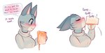 2022 animal_crossing anthro beverage blush breasts clothing container cup domestic_cat drinking ellipsis english_text exclamation_point eyes_closed felid feline felis female grey_body hi_res holding_container holding_cup holding_object juice_(beverage) lolly_(animal_crossing) mammal nintendo orange_juice raikissu solo sweater text thought_bubble topwear