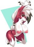 anthro areola big_breasts bikini bikini_bottom blush breasts canid canine cannedtaco claws clothing female fur generation_7_pokemon hi_res looking_at_viewer lycanroc mammal midnight_lycanroc nintendo nipples pink_areola pink_nipples pokemon pokemon_(species) red_body simple_background smile solo swimwear two-piece_swimsuit white_body white_fur