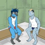 1:1 5_fingers 5_toes anthro anthrofied barefoot blue_clothing blue_underwear bulge clothed clothing duo feet fingers fuze generation_1_pokemon generation_4_pokemon hi_res high-angle_view jockstrap locker_room logan_(fuze) looking_at_viewer machop male nintendo pokemon pokemon_(species) red_clothing red_underwear riolu shirt sitting tank_top toes topwear underwear