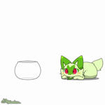 1:1 ambiguous_gender animated behaving_like_a_cat blush bowl cats_are_liquid container daww feral fur generation_9_pokemon glass_bowl green_body green_fur jumping musical_note musical_symbol nintendo pawpads pink_pawpads pokemon pokemon_(species) pounce_pose quadruped red_eyes short_playtime simple_background sound sprigatito symbol tail tail_motion tailwag tontaro webm white_background