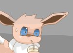 2019 blue_eyes bodily_fluids brown_body brown_fur container cup drinking drinking_glass drinking_straw eevee fur generation_1_pokemon get_it_go glass glass_container glass_cup grey_background neck_tuft nintendo pokemon pokemon_(species) simple_background solo sweat sweatdrop tuft