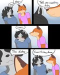 4:5 anthro bite biting_lip blackbetty blush bottomwear breasts canid canine clothed clothing comic dialogue duo female fox franciene_(tango's_family) fur hair hi_res humor lewis_gunn male male/female mammal procyonid raccoon red_fox simple_background smile text true_fox