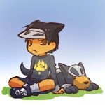 1:1 alternate_species black_hair brown_eyes clothing cosplay duo feral footwear generation_2_pokemon hair hitec houndour human humanized legwear male mammal nintendo pokemon pokemon_(species) shirt shoes short_hair sitting socks tail topwear