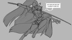 16:9 2021 anthro breasts canid canine clothed clothing cosplay dialogue digital_drawing_(artwork) digital_media_(artwork) english_text female fox grey_background hair katana mammal melee_weapon monochrome profanity regys_(carp) simple_background solo sword text under_night_in-birth watsup weapon widescreen yuzuriha_(under_night_in-birth)