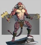 anthro armor axe bottomwear bracers clothing facial_piercing felid fur hi_res jewelry labrys loincloth male mammal mostly_nude multicolored_body necklace nipple_piercing nipples nose_piercing nose_ring pacelic pantherine piercing red_body red_fur ring_piercing solo tiger tribal two_tone_body