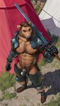 2022 abs absurd_res anthro armor armwear barazoku bear beard big_bulge big_muscles blue_eyes body_hair boots brown_hair bulge camp chest_hair claymore clothed clothing cock_armor codpiece couter cuisse day detailed_background digital_media_(artwork) dirt ear_piercing ear_ring eyebrows facial_hair footwear fur gauntlets gloves grass greaves hair handwear happy_trail henry_harris_baxter hi_res high-angle_view holding_melee_weapon holding_object holding_sword holding_weapon humanoid_body_hair knight legwear light male mammal melee_weapon mickey_the_retriever muscular muscular_anthro muscular_male mustache navel nipple_piercing nipple_ring nipples obliques outside pauldron pecs piercing plant poleyn pubes rerebrace ring_piercing rock shadow shoes solo standing straps sunlight sword tent text thigh_highs thong topless topless_anthro topless_male tuft unconvincing_armor underwear url vambrace warrior weapon zweihander