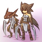 1:1 alternate_species blade_arm brown_eyes brown_hair cosplay duo female feral fossil_pokemon generation_1_pokemon hair hitec human humanized kabutops long_hair mammal nintendo pokemon pokemon_(species)