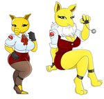 anthro big_breasts bottomwear breasts brown_eyes clothing drowzee duo female fur generation_1_pokemon gloves handwear heart_symbol huge_breasts hypno_(pokemon) legwear looking_at_viewer nintendo pendulum pokeball pokemon pokemon_(species) shirt simple_background skirt topwear uniform urusee584 white_background white_body white_fur yellow_body