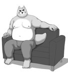 2024 anthro belly big_belly blush bottomwear bulge canid canine canis clothing domestic_dog furniture hi_res humanoid_hands kemono kick_(artist) male mammal monochrome moobs navel nipples one_eye_closed overweight overweight_male pants sitting sofa solo wink