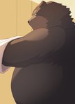 0_7us 2024 anthro bear belly big_belly black_nose brown_body brown_fur clothing fur hi_res kemono locker_room male mammal overweight overweight_male shirt smile solo topwear