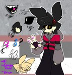 2023 4_fingers ambiguous_anthro ambiguous_gender anthro biped black_body black_bottomwear black_clothing black_ears black_fingerless_gloves black_fur black_gloves black_hair black_handwear black_mouth black_nose black_pants black_sclera black_tail black_text bnuuy_(meme) bottomwear buckteeth clothed clothed_ambiguous clothed_anthro clothing colored countershade_face countershade_neck countershading detailed_background digital_drawing_(artwork) digital_media_(artwork) eye_shot eyewear eyewear_on_head female_symbol fingerless_gloves fingerpads fingers fur gender_symbol genderfluid gesture gloves goggles goggles_on_head grey_clothing grey_hoodie grey_jacket grey_topwear hair hand_gesture handwear hoodie inkblot jacket lagomorph leporid looking_at_viewer male_symbol mammal multiple_images no_pupils nonbinary_(lore) open_mouth outline pants pawpads pink_pawpads purple_text question_mark rabbit red_clothing red_hoodie red_jacket red_lens red_topwear sharp_teeth signature solo spring_(springhell1201) springhell1201 standing symbol tail tail_shot tan_body tan_countershading tan_fur tan_hands teeth text topwear v_sign white_outline yellow_eyes