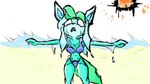 16:9 andetheslayer anthro beach bikini bikini_bottom bikini_top clothing eeveelution female generation_1_pokemon generation_4_pokemon hi_res leafeon messy nintendo pastel_theme pokemon pokemon_(species) sad solo swimwear two-piece_swimsuit vaporeon widescreen