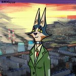 15_(brewfilter) 1:1 2024 anthro blue_body blue_eyes blue_fur brewfilter canid canine canis clothed clothing collar cosplay digital_drawing_(artwork) digital_media_(artwork) disco_elysium female fox fur grey_fox half-length_portrait harrier_du_bois hi_res inner_ear_fluff looking_at_viewer mammal multicolored_body multicolored_fur necktie orange_body orange_fur photo_background photography_(artwork) portrait solo topwear tuft urocyon yellow_sclera