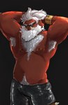 anthro armpit_hair beard belly big_daddy_(zenless_zone_zero) body_hair bracelet chest_hair clothed clothing eyewear facial_hair fur hair hi_res jewelry male mammal mihoyo musclegut muscular navel nipple_piercing nipples pecs piercing red_body red_fur solo sparkle_b0t suid suina sunglasses sus_(pig) topless tusks white_hair wild_boar zenless_zone_zero