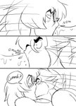 accidental_kiss anthro ben_(jordo) bodily_fluids comic dialogue domestic_cat duo eyewear felid feline felis food george_(jordo) glasses hi_res human jordo_(artist) kissing male male/male mammal meat monochrome saliva sausage speech_bubble text