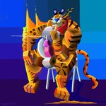 1:1 abstract_art absurd_res anthro cagorical chair felid frosted_flakes furniture hi_res kellogg's kerchief male mammal mascot muscular muscular_male neckerchief on_chair pantherine sitting sitting_on_chair solo tiger tony_the_tiger