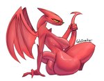 2024 absurd_res annoyed anthro artist_name big_breasts big_butt breasts butt demon female gobsmacker hi_res horn looking_at_viewer lucia_(satina) nipples nude red_body red_skin satina_wants_a_glass_of_water scalie simple_background sitting solo tail thick_thighs wide_hips wings yellow_eyes