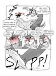 anthro bodily_fluids canid canine canis comic domestic_dog duo english_text fangs fur grey_body grey_fur hi_res holding_partner humor kuro_(nomifuki) male male/male mammal muscular muscular_male nomifuki sex shiro_(nomifuki) slipping sweat teeth text white_body white_fur