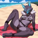 1:1 anthro beach belt bikini camel_toe canid canine canis clothing epic_games eye_scar facial_scar female fortnite glowing glowing_eyes heart_eyes heart_symbol hi_res mammal open_mouth pack_leader_highwire scar sea solo spread_legs spreading swimwear tdc_charge tongue tongue_out towel two-piece_swimsuit water wolf