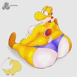 1:1 anthro big_butt bubble_butt butt clothing draw_this_in_your_style footwear hi_res huge_butt looking_pleasured male mario_bros nintendo overweight overweight_male shoes sitting sitting_on_ground smile solo thong underwear yellow_yoshi yoshi zyasixpear_(artist)