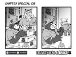 2021 american_black_bear anthro bear black_bear boss_(kamui_shirow) bottomwear box clothing comic container delivery_(commerce) delivery_bear_service delivery_employee duo felid hat headgear headwear hi_res humanoid_hands kamui_shirow kermode_bear male mammal overweight overweight_male pantherine pants shirt sitting taiga_(kamui_shirow) tiger topwear ursine