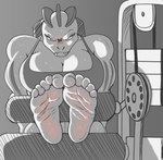 5_toes absurd_res barefoot blush bodily_fluids body_blush breasts cleavage clothed clothing conditional_dnp exercise feet female foot_blush foot_fetish foot_focus generation_1_pokemon hi_res humanoid humanoid_feet machoke monochrome muscular muscular_female nintendo plantigrade pokemon pokemon_(species) soles solo sweat sweaty_feet tina_(zp92) toes workout wrinkled_feet wrinkles zp92