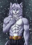 2021 5_fingers abs absurd_res anthro athletic athletic_anthro athletic_male belt bottomwear canid canine canis chibikoma claws clothed clothing fate_(series) finger_claws fingers fur grey_body grey_fur grey_hair hair hand_on_chest hand_on_own_chest hi_res humanoid_hands inner_ear_fluff male mammal muscular muscular_male navel pants patxi_(fate) pecs snow snowing solo topless topless_anthro topless_male tuft type-moon wolf yaga