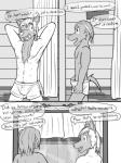 3:4 anthro anthrofied athletic bulge clothed clothing comic dialogue electrike english_text fuze generation_3_pokemon greyscale hands_behind_head hi_res jolt_(fuze) male monochrome nintendo nipples one_eye_closed open_mouth pawl_(fuze) pecs pokemon pokemon_(species) pokemorph poochyena swimming_trunks swimwear text topless wink