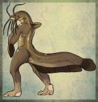 2015 airsac_catfish ambiguous_gender antennae_(anatomy) anthro arm_fins asian_stinging_catfish athletic athletic_ambiguous athletic_anthro barefoot biped border brown_background brown_body brown_border brown_countershading catfish countershade_face countershade_tail countershade_torso countershading digital_media_(artwork) dorsal_fin feet fin fish glistening hand_on_chest humanoid_feet imperatorcaesar long_neck long_tail looking_at_viewer looking_away looking_back marine nude outside_border plantigrade raised_heel rear_view side_view simple_background solo standing tail tail_fin textured_background thick_tail whiskers yellow_eyes yellow_sclera