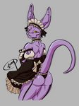 2020 anthro beerus butt clothed clothing crossdressing domestic_cat dragon_ball dragon_ball_super dress felid feline felis grey_background hairless hairless_cat hi_res koopacoon looking_at_viewer male mammal purple_body simple_background solo sphynx_(cat) teeth yellow_eyes