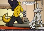 anthro big_bulge bulge clothing comic dialogue dragon english_text fin furniture head_fin horn kneeling male male/male mythological_creature mythological_scalie mythology naughtymorg nipples scales scalie sitting sofa stuart_(naughtymorg) tail text undressing url yellow_body yellow_scales