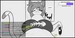 absurd_res after_vore anthro anthro_pred belly big_belly big_breasts black_border border breasts chat chat_box clothing collar dialogue digital_media_(artwork) english_text felid feline felis female female_pred foxynoms fur hair hi_res imminent_death inner_ear_fluff livestream male male_prey mammal neck_bulge onomatopoeia shirt simple_background solo sound_effects spiked_collar spikes tail text topwear tuft vore