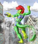 2006 ambiguous_gender anthro bottomwear bra breasts building building_destruction bulge chaswari city_destruction clothed clothing cloud death destruction doral female gecko green_body hair hotpants lizard long_tail macro red_hair reptile scalie shorts sky smile solo sports_bra stomping stripes tail underwear