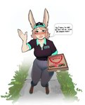 animal_humanoid blush clothed clothing container delivery_(commerce) dialogue english_text eyebrows female food food_delivery heart_symbol hi_res humanoid lagomorph lagomorph_humanoid leporid_humanoid looking_at_viewer mammal mammal_humanoid narrowed_eyes pizza pizza_box pizza_delivery rabbit_ears rabbit_humanoid raised_inner_eyebrows shaking_legs simple_background solo speech_bubble sweetburn sweets_remivas_(sweetburn) talking_to_viewer teal_eyes teeth text text_on_box text_on_clothing white_background