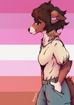 anthro blue_bottomwear blue_clothing blue_pants bottomwear brown_body brown_eyes brown_fur brown_hair canid clothed clothing ears_back female fur hair hand_in_pocket hi_res lesbian_pride_colors lgbt_pride lionfloof mammal mouth_closed narrowed_eyes pants pink_lesbian_pride_colors pivoted_ears pockets pride_colors short_hair side_view solo standing topwear white_body white_clothing white_fur white_topwear