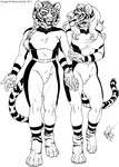 2011 anastasiya_(goldfur) anthro barefoot breasts bulge chakona_space clothed clothing duo feet felid fur genital_outline gynomorph hair herm_(lore) intersex looking_at_another mammal mayra_boyle monochrome open_mouth pantherine siberian_tiger tiger valentina_(goldfur)