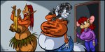 2018 2:1 anthro areola belly big_belly big_breasts black_hair bottomwear breasts canid canine clothing denim denim_bottomwear denim_clothing digital_media_(artwork) dutch_(artist) emale female fox green_eyes group hair hall halloween holidays huge_breasts human jack-o'-lantern jeans male mammal markings mazed misty_(dutch) misty_the_mouse mole_(marking) mouse murid murine navel nipples open_mouth pants pregnant pregnant_anthro red_hair rodent shirt topwear trio zora_(dutch)